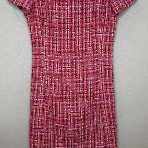 Ann Taylor Tweed Dress Womens Size 4 Pink Plaid Short Sleeve Round Neck Zip Back - Picture 3 of 7